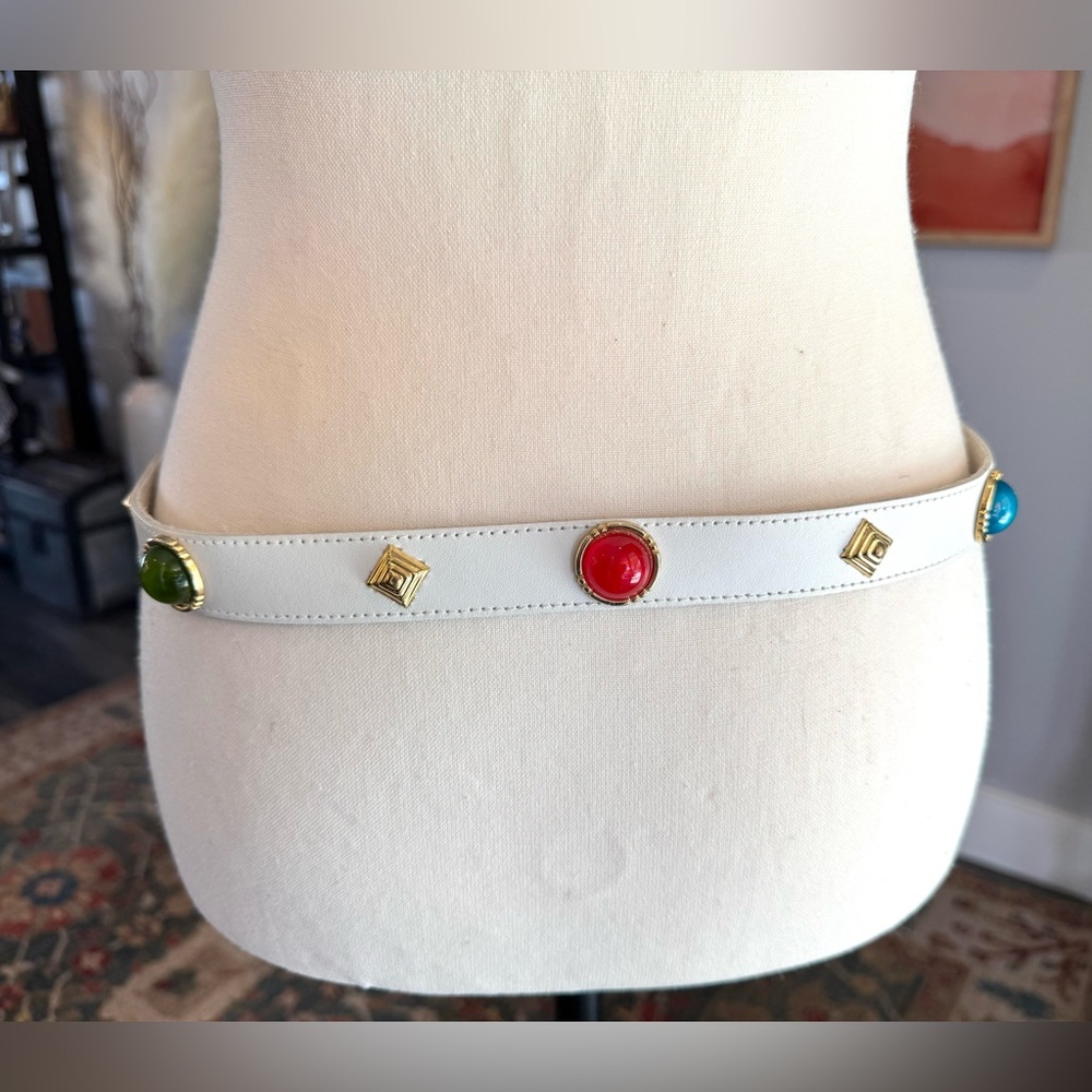 Vintage White Leather Belt with Colorful Accents - Picture 5 of 13